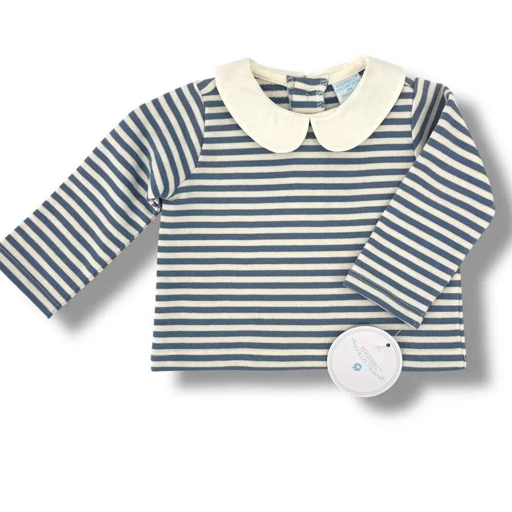 Edgehill Collection Blue Stripe 2pc Outfit Baby Boy Sz 9M Peter Pan Collar